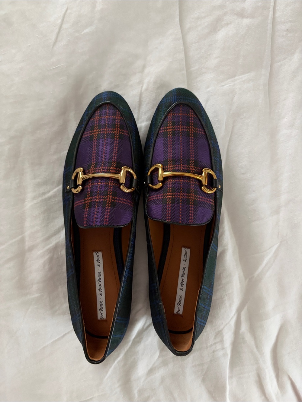 & Other Stories New Purple and Green Plaid Loafers with Gold Horsebit